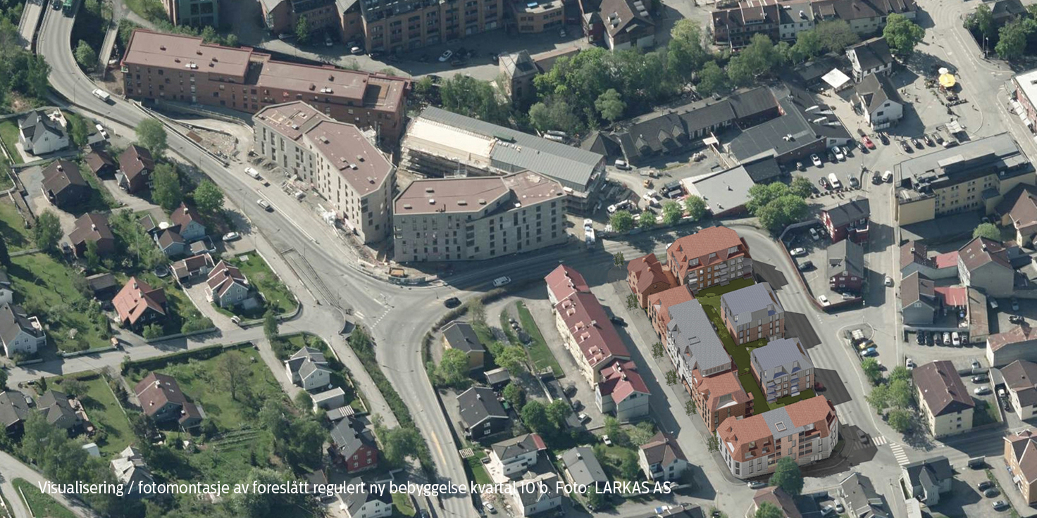 Visualisering / fotomontasje av foreslått regulert ny bebyggelse kvartal 10 b. Foto: LARKAS AS