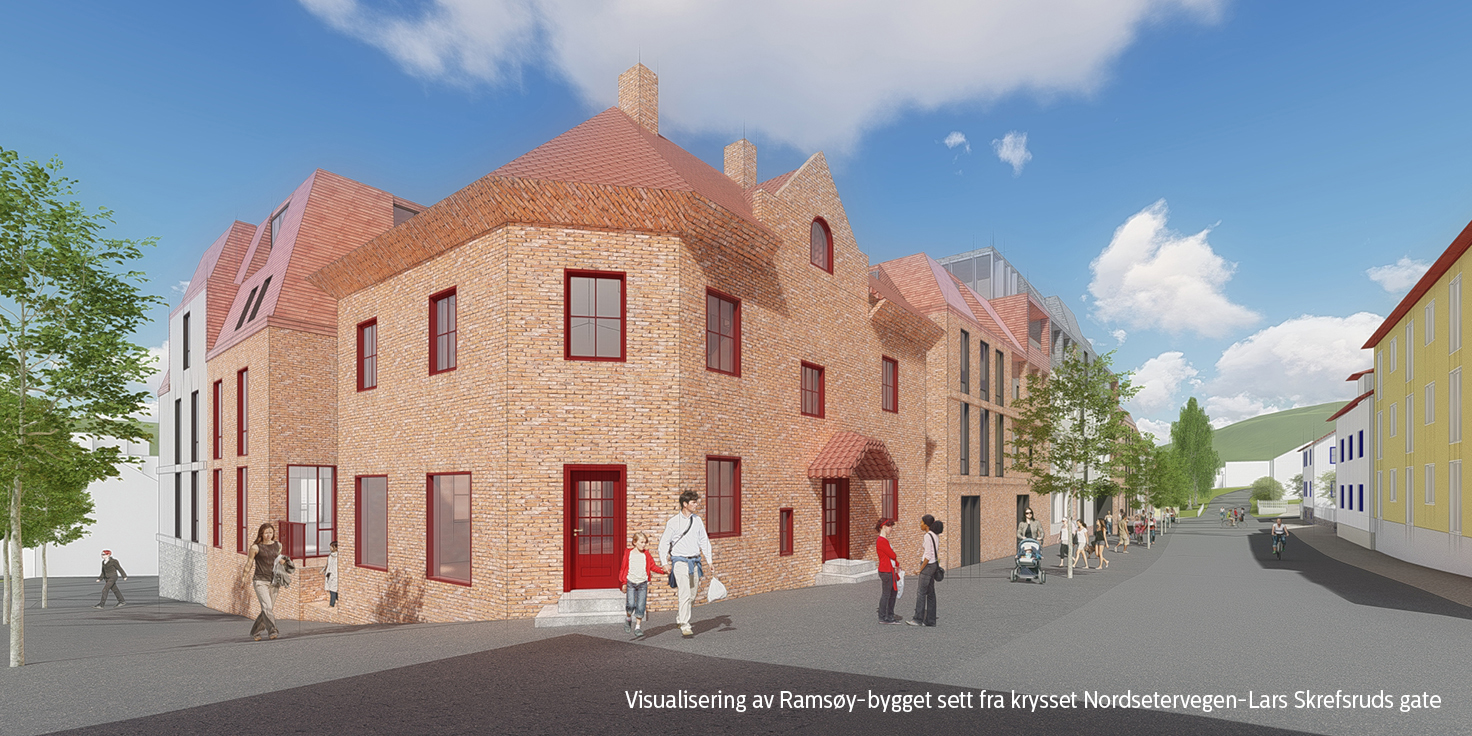 Visualisering av Ramsøy-bygget sett fra krysset Nordsetervegen-Lars Skrefsruds gate